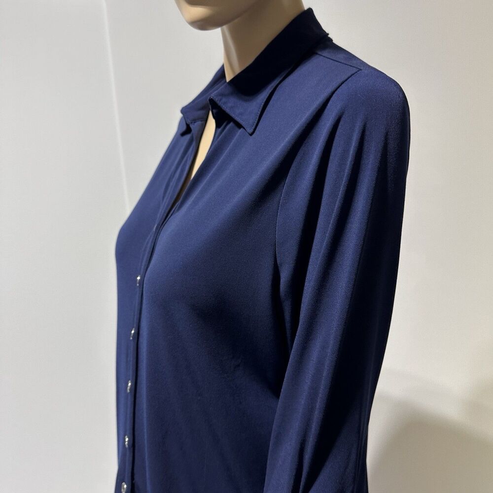 Susan Graver Button Front Shirt Navy Blue Ruched Sleeve Size M Medium Liquid - Picture 3 of 10